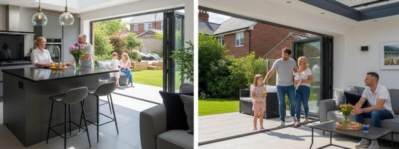 modern home extension, open-plan living, bi-fold doors modern home extension, open-plan living, bi-fold doors