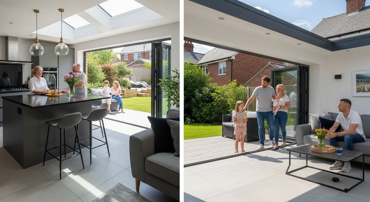 modern home extension, open-plan living, bi-fold doors