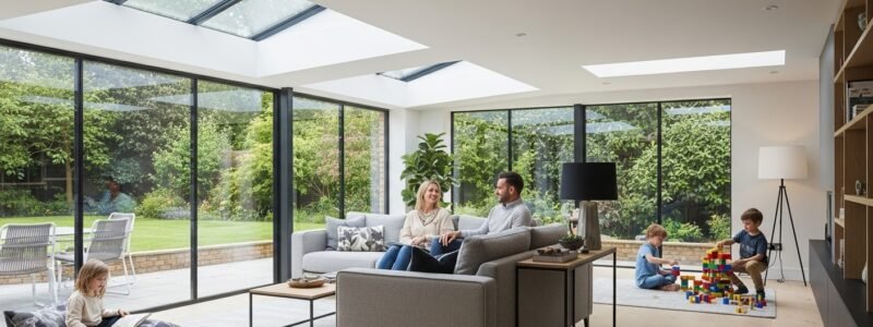 living room extension, modern home, open-plan design living room extension, modern home, open-plan design