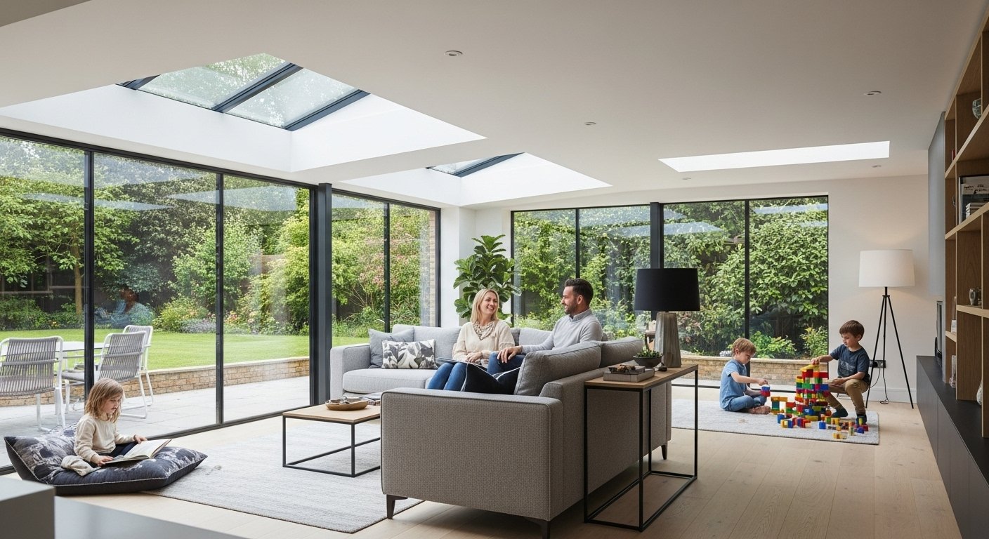 living room extension, modern home, open-plan design