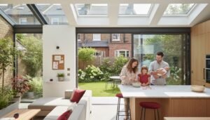 Modern rear extension with glass doors and garden