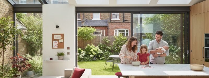 Modern rear extension with glass doors and garden